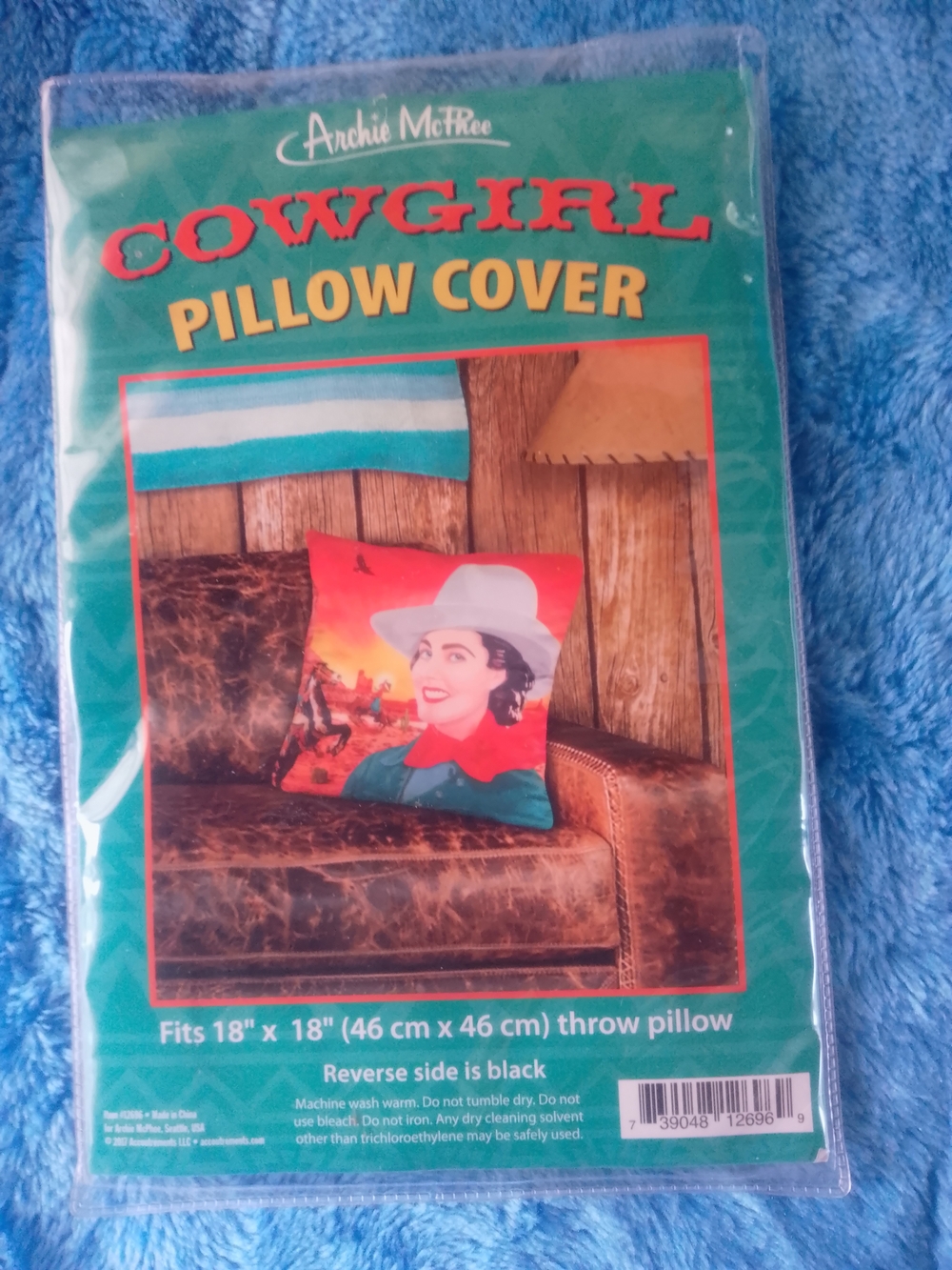 Archie McPhee Cowgirl Pillow Cover - Teal, Red, White